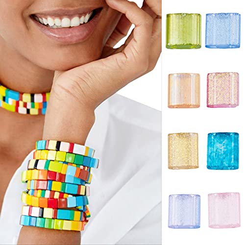 160pcs 2-Hole Glass Tila Beads 5x4.5-5.5x2-2.5mm 8 Colors Transparent Spray Painted Square Rectangle Seed Beads with Glitter for DIY Pendants Bracelets Jewelry Making, Holes: 0.5-0.8mm(Mix Color#1)