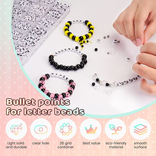 FZIIVQU 1400 Pcs Letter Beads Kit, 28 Styles White Acrylic Alphabet Beads Letter Beads for Jewelry Making wiht Number Beads Heart Beads Friendship Bracelet Kit - color: Black Letter & White Base, size: 4*7mm