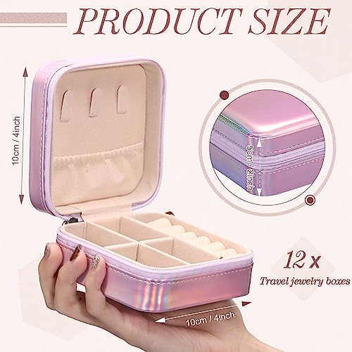 Yinkin 12 Pcs Mini Travel Jewelry Case Bridesmaid Proposal Gift Boxes, Small PU Leather Earring Organizer, Bulk Travel Accessories Portable Jewelry Holder(Glossy Pink) - color: Glossy Pink