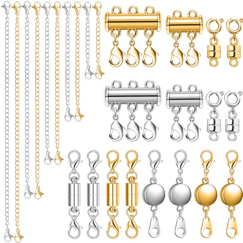 ROADPLUM 26 Pcs Magnetic Necklace Extender, 5 Style Strong Magnetic Jewelry Clasps and Necklace Layering Clasps with Chain Extenders for Women Necklaces Bracelet, Gold and Silver - size: 26 Pcs