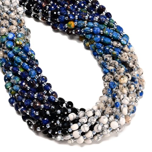03-Gradient 6mm Multi-Color Gemstone, 6mm Blue Ice Nakaurite Agate Faceted Coin Beads, 15.5" Strand Spacer Loose Beads for Jewelry Making Craft DIY Finding Necklace Bracelet