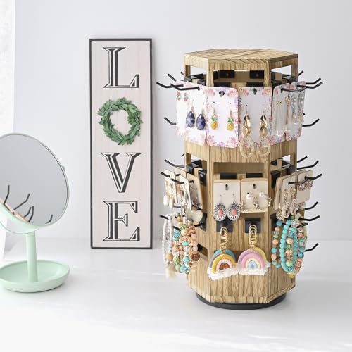 Ikee Design Free Assemble Wood Hexagon Rotating Jewelry Display Stand, 60 Removable Metal Hooks, Keychain Display Stand, Jewelry Organizer, Earring Bracelet Organizer, Oak Color, 8.3W x7.2D x 16.2H in - color: 6 side, Oak, 60 hooks