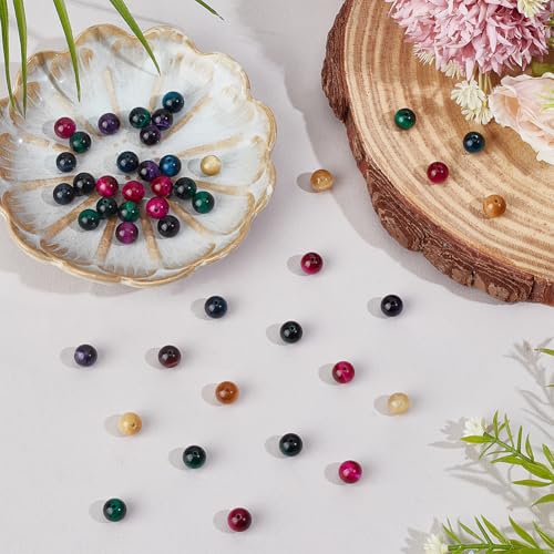 40PCS 8MM Tiger Eye Gemstone Beads with Hole Natural Round Stone Energy Pink Blue Green Smooth Polished Loose Spacer Bead Bulk for Jewelry Making Earrings Bracelets Necklaces DIY Crafts - size: 8mm 40pcs
