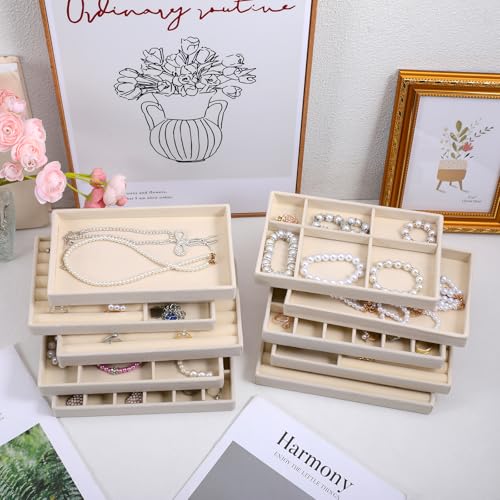 10 Pack Beige Jewelry Organizer Tray, Jewelry Drawer Organizer Inserts with Removable Dividers Stackable Velvet Ring Earring Storage for Rings Earrings Necklace Bracelet Watch Storage