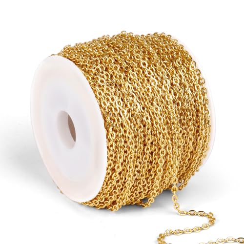 66 Feet 18K Gold Plated Stainless Steel Chain Bulk, 1.5mm 304 Stainless Steel Chains Flat Cable Link Chains Roll Spool for Jewelry Making DIY Craft - color: Gold Color, size: 1.5mm width