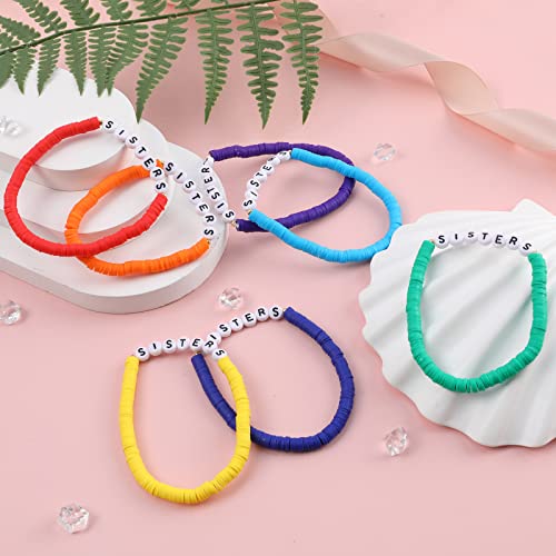 Rainbow Heishi Surfer Bracelets Set for Women Stackable Clay Beaded Bracelets Disc Stretch Preppy Bracelets Layering Colorful Friendship Bracelets Team Cheer Bulk Boho Summer Beach Jewelry Gift - style: SISTERS