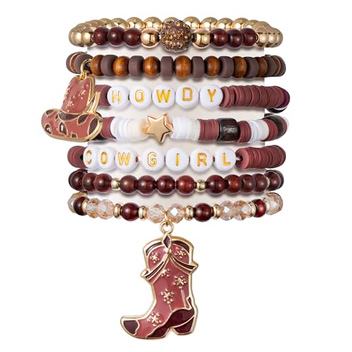LieToi Preppy Heishi Bracelets Set Colorful White Gold Smile Heart Star Evil Eye Beaded Polymer Clay Pearl Stackable Charm Y2K Kidcore Summer Beach Bohemian Layering Bracelets Jewelry for Women Girls Teens - color: 7Pcs-Brown Cowgirl