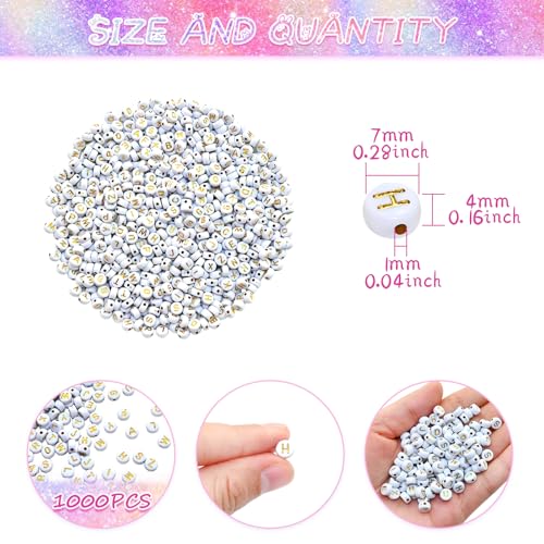 Amaney 1000pcs Gold Letter Beads 74mm White Round Acrylic Alphabet Beads for Jewelry Making Bracelets Necklaces Key Chains - color: White&Gold