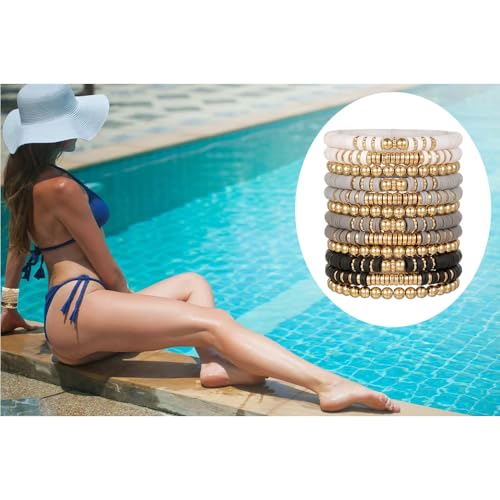 12pcs Friendship Bracelets Beaded Bracelets Heishi Bracelet Cute Bracelets Stack Vinyl Clay Disc Bead Surfer Stretch Summer Beach Bracelets For Women Preppy Bracelets - color: B-color 3