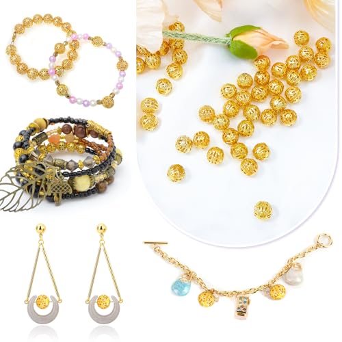 TOAOB 100pcs 12mm Gold Filigree Hollower Ball Beads Round Metal Loose Spacer Beads for DIY Crafts Bracelets Necklaces Earrings Jewelry Making - color: Gold, size: 12mm