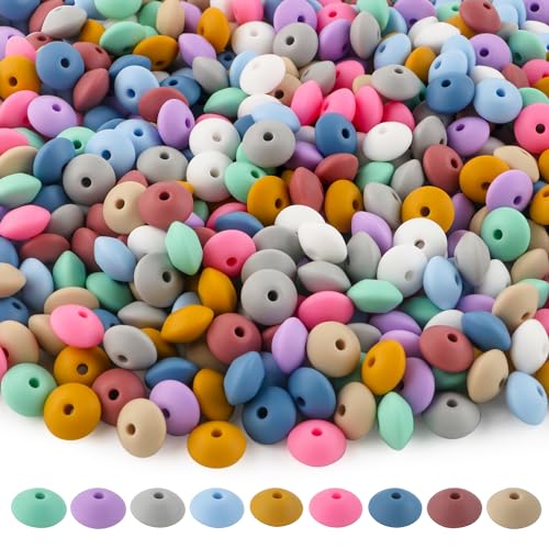 Sunrony 200Pcs Silicone Lentil Beads for Keychain Making,Bulk Mixed Color 12mm Silicone Abacus Spacer Beads for Necklace Bracelet Making Pens (Beauty Lentil) - color: C-Beauty Lentil