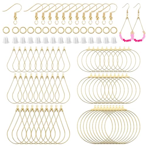 372Pcs Earrings Beading Hoop Set with 72 Earring Finding Teardrop Round Beading Hoop Earrings Bulk with 100 Hooks,100 Jump Ring,100 Ear Backs for DIY Jewelry Making Earrings Making Supplies(K Gold) - color: 372Pcs-K Gold
