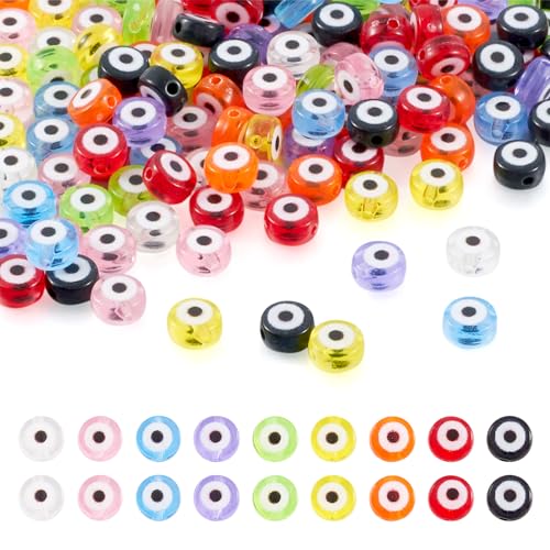 Beadthoven 180pcs Evil Eye Acrylic Disc Beads 7x4mm Flat Round - Transparent Mix Plastic Pony Beads & Spacers for Jewelry Making DIY Crafts - color: Evil eye Multicolor