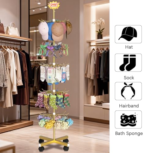 Retail Display Stand Store Display Rack 6 Tier Metal Spinning Display Stand Rack with Wheels Keychain Jewelry Stocking Hat Stand with Hooks for Malls, Showroom, Retail Store (6 Tier Gold) - color: 6 Tier Gold