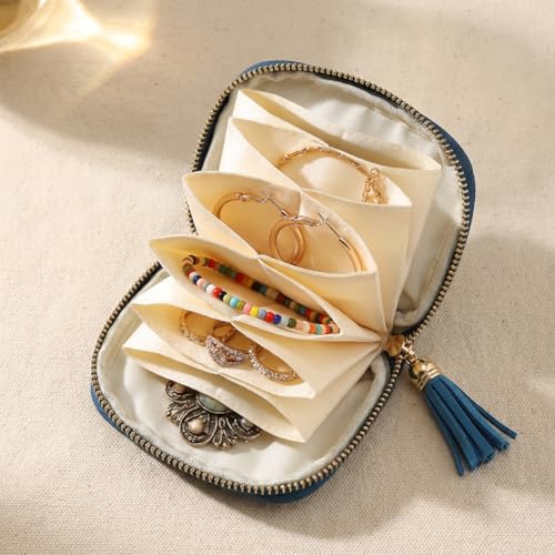 Travel Jewelry Case, Soft Velvet Organizer Pouch with 5 Compartments & Tassel Zipper, Anti-Scratch Jewelry Bag Storage Holder for Bangle Bracelets Earrings Necklace, Women Gifts - color: Light Blue