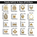 Bestewelry 64Pcs Tibetan Antique Gold Chandelier Charms 16 Styles Vintage Filigree Hollow Links Charms with Loops Findings for Dangle Earrings Connector Components Jewelry Making