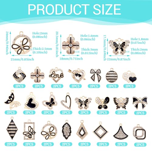 Craftdady Crystal Rhinestone Pendants Butterfly Heart Rhombus Bowknot Earring Charms Alloy Enamel Metal Pendants Light Gold Bracelet Charms for DIY Craft Necklace Jewelry Making - color: Black 23 Style