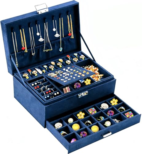 QBestry 3-Layer Jewelry Box for Women with Lock and Key & Drawer, Large Jewelry Organizer with 8 Necklace Hooks & 56 Earring Holes, Navy Velvet Jewelry Storage Box for Necklaces Earrings Ring Bracelet - color: Deep Blue