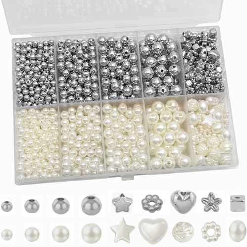 Round Spacer Beads Set for Bracelets, ABS Plastic Gold and Pearl Beads 4/5/6/8mm 4 Size Smooth Ball Bead for Jewelry Making Metal Circle Bead for Bracelet Necklace Earring Making (Silver+Pearl) - color: Silver+Pearl