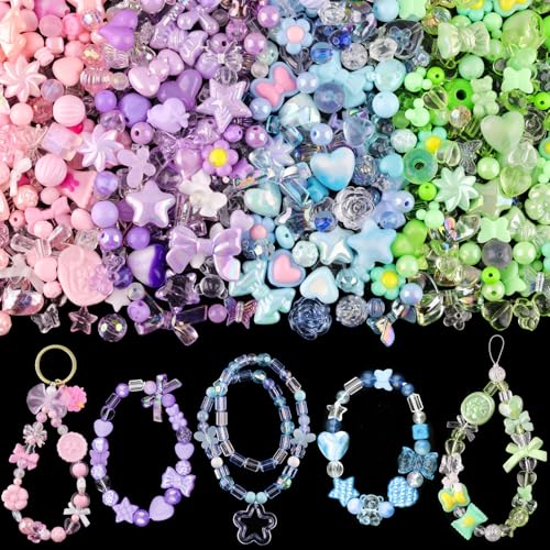 210-270PCS TINKRSTUFF Assorted Acrylic Beads for Bracelet Making, Cute Beads for Jewelry Making Flower Bow Butterfly Candy GummyBear Aesthetic Bracelet Charms, DIY Necklace Keychain Phone Charm - color: 4 COLOR SERIES-PINK+PURPLE+BLUE+GREEN