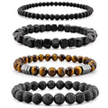 Men’s Hematite Bracelet Set Boho Multi - Tiger Eye/Matte Agate/Lava Rock Gifts for Birthday/Anniversary/Christmas - color: F05 Tiger Eye