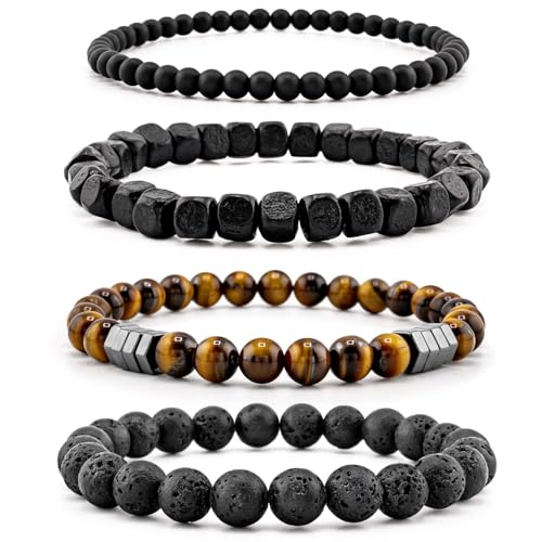 Men’s Hematite Bracelet Set Boho Multi - Tiger Eye/Matte Agate/Lava Rock Gifts for Birthday/Anniversary/Christmas - color: F05 Tiger Eye