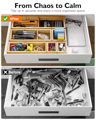 12-Piece Bamboo Desk Drawer Organizer Set – Adjustable Storage Boxes with 24 Compartments, Non-Slip, Modular Design for Office, Jewelry, Vanity, and Kitchen Utensil Drawer Storage - size: 24 Compartments