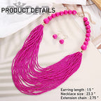 Bocar Necklace for Women, Multi Layer Statement Necklace, Long Chain Chunky Bib Seed Beads Necklace, Necklace Earring Set for Women Gift (NK-10693) - color: Rose red