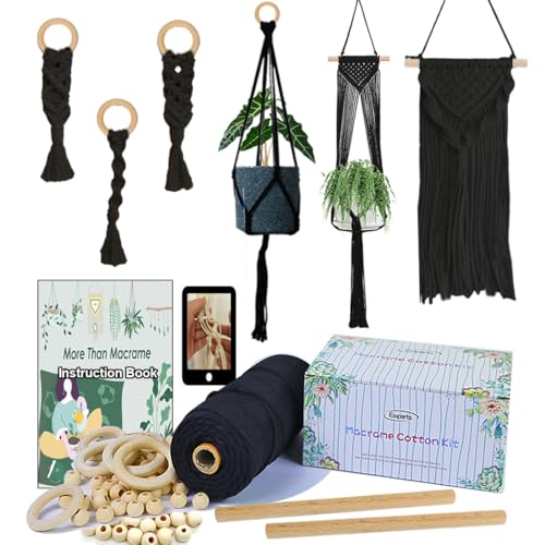 Ewparts Macrame Kit for Adults Beginner DIY Craft Kits with Step By Step Instruction Book,3mm Macrame Cord Black,Wooden Beads, Wood Rings to Make Plant Hanger, Boho Wall Hanging Decor, Book Marks - color: Macrame Kit, Black