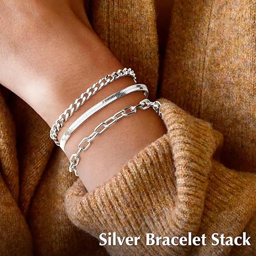 Gold Bracelets Set for Women Stack, Chunky Thick Bracelets Stack for Women Trendy, Simple Dainty Thin Gold Plated Cuff Stackable Bracelets With Beaded Cuban Paperclip Snake Rope Bangle Hand Chain Jewelry - style: Style 05-silver