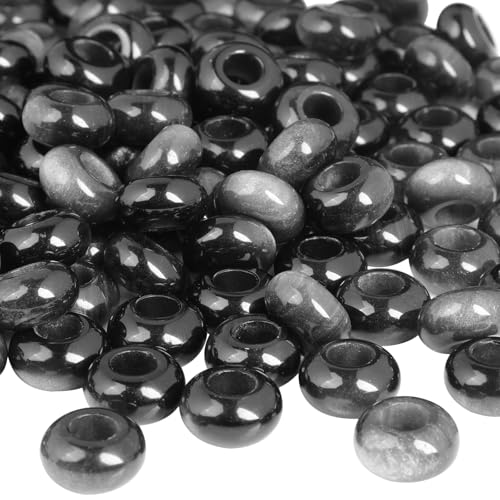 TUMBEELLUWA Natural Gemstone Beads for Jewelry Making, Rondelle Large Hole Loose Beads Pack of 15,Silver Sheen Obsidian(8x14mm) - color: Black