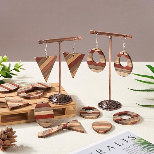 Beadthoven 12pcs/6 Pairs Natural Wood Charms DIY Earrings Pendants Colorful Striped Dark Red Rustic Wooden Pendants Mix Wood Pieces for DIY Jewelry Making Bohemian Earrings Necklace Accessories - color: Dark Red Brown