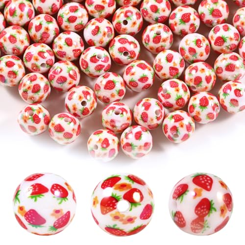 15Pcs Acrylic Beads Round 16mm Strawberry Print Fit for DIY Jewelry Bracelet Necklace Keychain Beadable Pens Mobile Phone Chain Making Cute (Strawberry) - color: Strawberry-White
