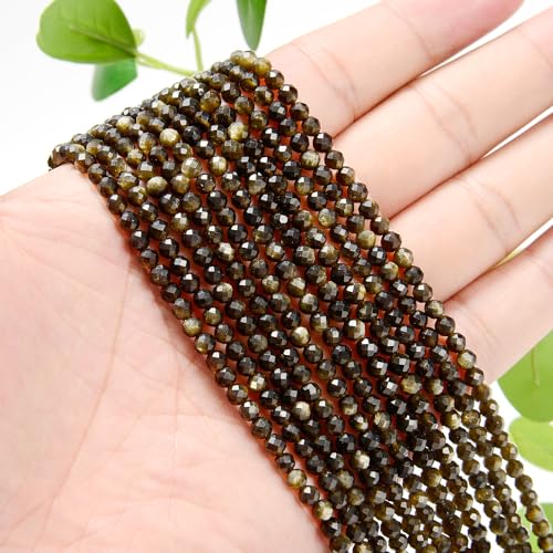 AD Beads Natural Gemstone Diamond-Cut Micro-Faceted Round Tiny 4mm Small Round for DIY Necklace Jewelry Making Beads (Gold Obsidian) - color: Gold Obsidian