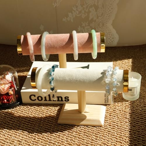 Jewelry Display Stand for Bracelet Bangle Watch, T Bar Jewelry Holder with Velvet Covered Bar and Wood Base for Countertop Organizer and Display - color: Round Suede Beige