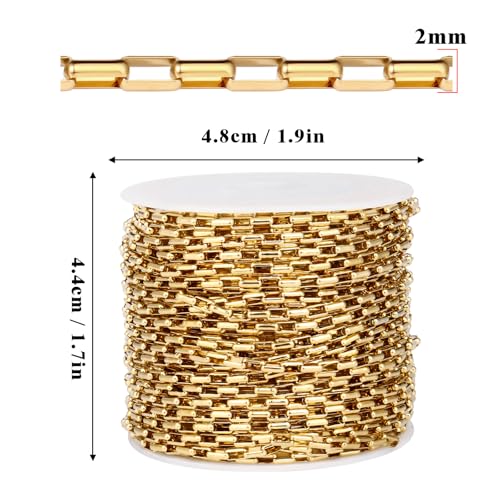 33 Feet Gold Rolo Box Chain Bulk, 2mm 18K Gold PVD Plated 304 Stainless Steel Square Link Cable Chains Roll Spool for Jewelry Making DIY Craft - color: 2MM Gold Rolo Box Chain
