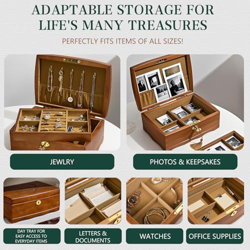 Personalized Wooden Jewelry Box, Customized Double Layer Retro Jewelry Organizer with Lock and Key for Women Girls, Birthday Gift for Her, Artners, Elders, Mom, Friends, Girlfriends and Bridesmaids