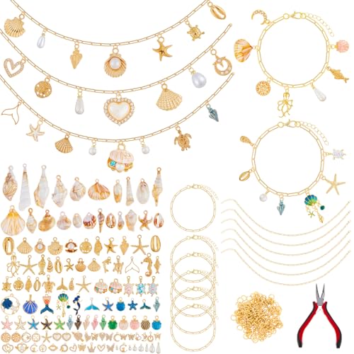 Quelay 328 Pcs Gold Sea Ocean Beach Charms Pendants for Jewelry Making Kit Bulk for Women DIY with 118 Charms 200 Jump Rings 5 Necklaces 5 Bracelets Accessories for Gift Beginner Arts Christmas