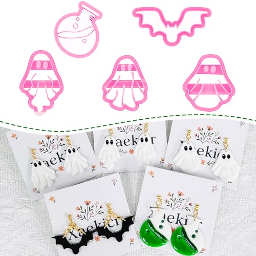 Xaekicr 5 Pcs Halloween Polymer Clay Cutters Set – Ghost, Bat, Potion Bottle Clay Earring Cutters for DIY Jewelry Making – Clay Tools for Polymer Clay Molds - color: 2D color