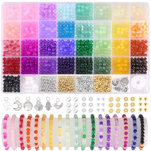 1368pcs 6mm Glass Beads for Bracelets, 34 Colors Crystal Beads for Jewelry Making, Funtopia Round Glass Beads for DIY Earrings Necklace Crafts with Spacer Beads and Charms, Solid and Gradient Colors - color: #1 Multicolored, size: 6mm