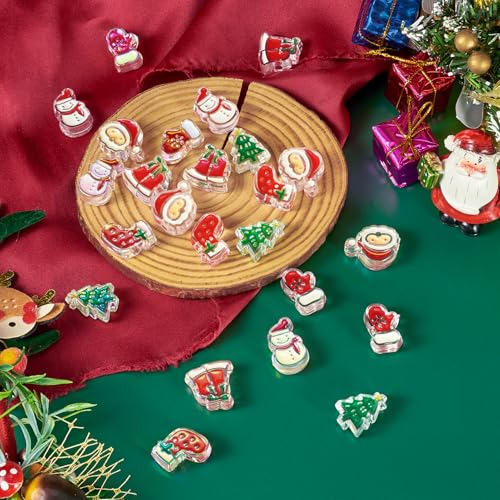 Beadthoven 24pcs Christmas Acrylic Beads, Red Green Crystal Focal Beads for Pens Keychain Making, Santa Claus Christmas Tree Gloves Stockings Snowman Loose Spacers for DIY Bracelets Jewelry Making - color: Christmas Patterns