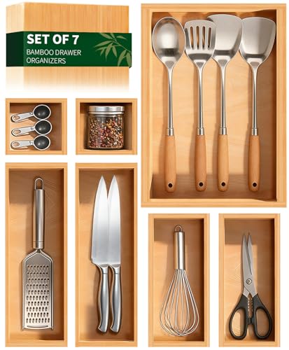 Bamboo Drawer Organizer 7 Pcs for Kitchen Multi-purpose Storage Dividers for Kitchen, Office, Jewelry, Cosmetics, Wooden Drawer Dividers for Drawer Organizer Desk Organizer Gift for Women Gifts Idea - size: 7 pcs