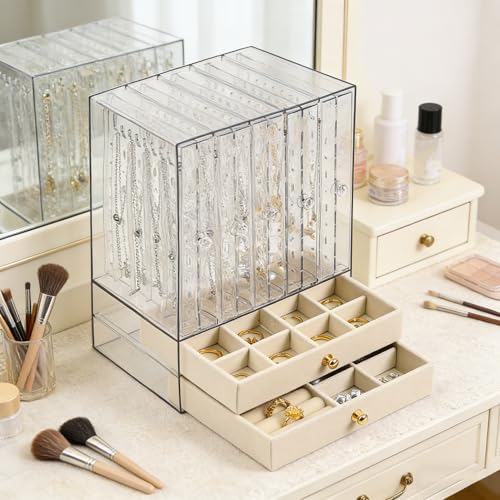 Greenfeather Jewelry Organizer with 7 Removable Drawers, Clear Acrylic Jewelry Box with 40 Necklace Hooks 120 Pairs of Earring Holes 2 Velvet-Lined Drawers for Rings Necklaces Earrings - color: Off-White-Style A