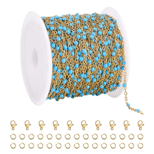 UMAOKANG 10 Meters Light Blue Enamel Bead Chains for Jewelry Making Gold Plated Stainless Steel Chain Bulk on Spool - color: Light Blue Bead-Gold