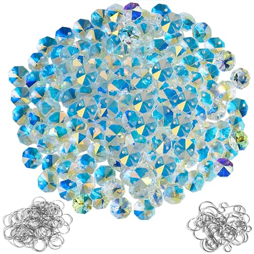 240Pcs Crystal Suncatcher Beads 150 14mm Crystal Glass Octagon Beads with 2 Hole Bulk Sun Catcher Supplies Chandelier Replacement Bead for DIY Hanging Ornament Pendant Jewelry (AB Color) - color: Ab Color