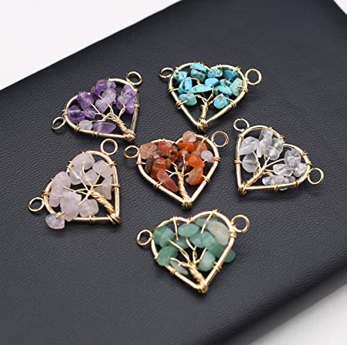 LE SKY 8 Pcs Natural Chip Stone Pendant Connectors Mixed Crystal Stone Wire hand knitting Life Tree Charms for Jewelry Making Necklace Bracelet DIY