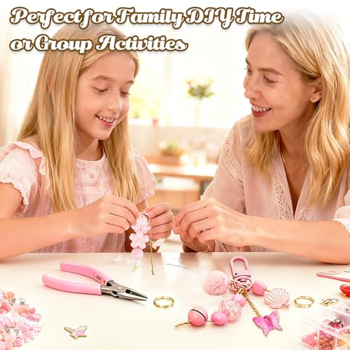 Ecoofor 249Pcs Keychain Making Kit for Kids & Adults – Includes 15 Keychain Clips, 16.4 Feet Chains, 100 Charms, Beading Accessories, Jewelry Pliers – DIY Bag Charms & Jewelry Craft Kit Supplies - color: Elegant Pink Set