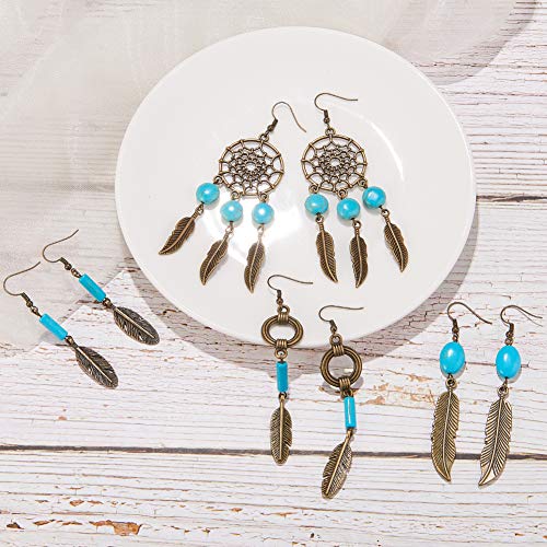 SUNNYCLUE 1 Box DIY 8 Pairs Bohemian Feather Dream Catcher Earring Making Kit Antique Bronze Feather Charm Connector, Turquoise Gemstone Beads, Earring Hooks Jewelry Supplies Beginners, Instruction - color: Chandelier Bohemian Style B