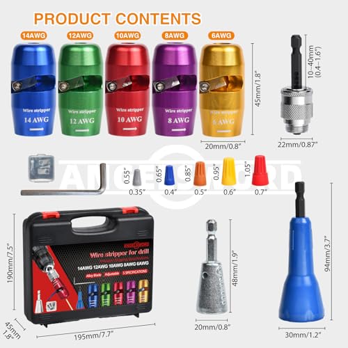 ANGELSWORD Wire Stripper & Wire Twister Tool for Drill, Wire Stripping Tool & Wire Twisting Connector Set 6/8/10/12/14 AWG, 5 PCS Professional Electrician Tools Set - size: 5 PC | 6-14 AWG