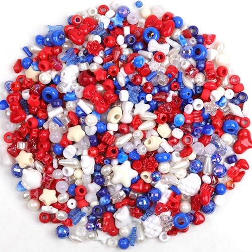 Assorted Acrylic Pony Beads Shapes for Bracelet Making Flower Bow Butterfly Candy Star Heart GummyBear Cute Beads for Jewelry Making (Red White Blue) - color: Red White Blue